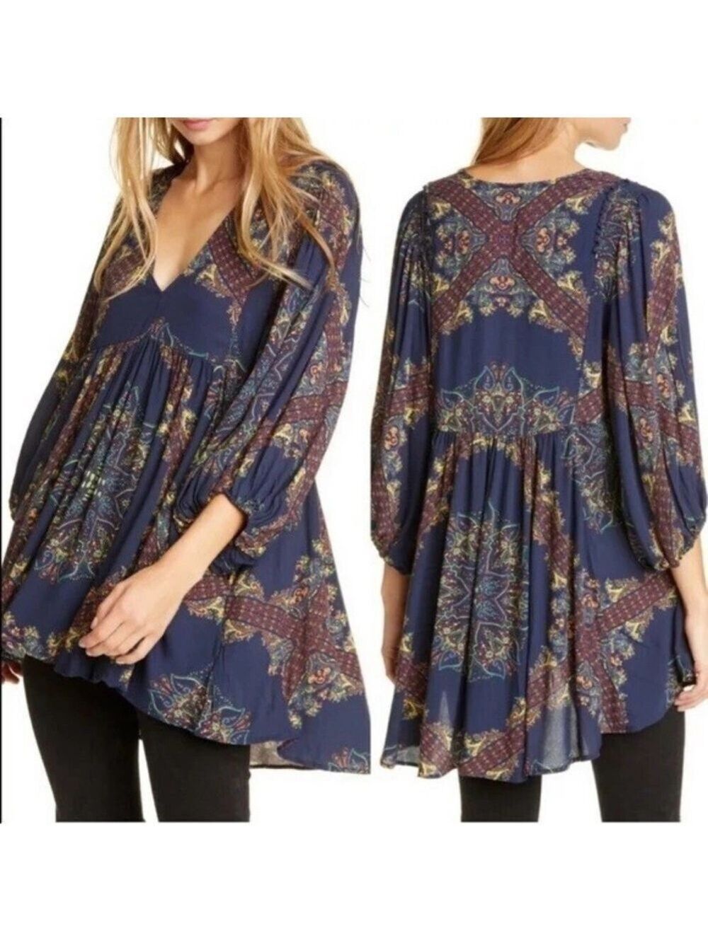 Free People Paisley Girl Talk Navy and Burgundy balloon sleeve Tunic XS